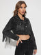 Women's Fringe Tassel Cropped Hem Ripped Crop Denim Jacket