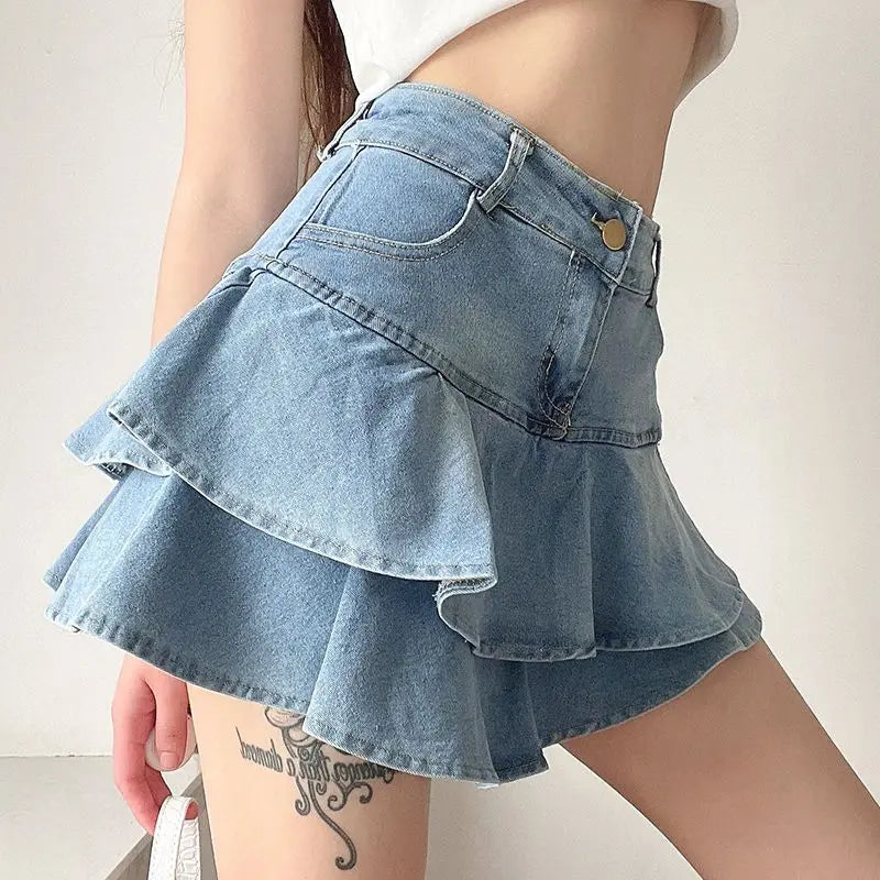 DEEPTOWN Vintage Denim Skirt Shorts Women Summer Korean Fashion High Waist A-line Slim Cute Sexy Mini Jean Ruffle Skirt Female