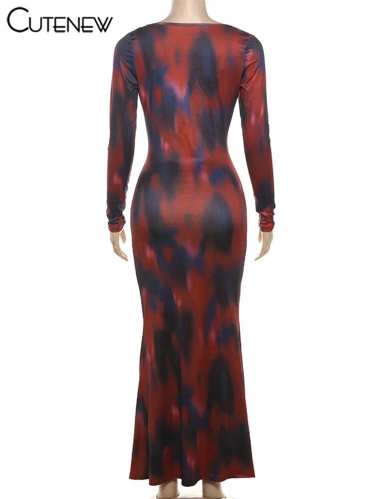 Women's Tie Dye Long Sleeve Hollow Dress With Bra Top