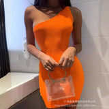 Women's Orange Shoulder Tight Knitted Slim Sleeveless High Waist Mini Dress