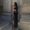 Women's Black Strapless Hollow Slit Floor-length Dress