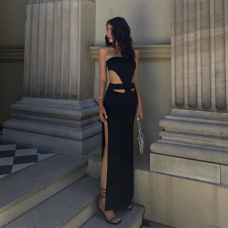 Women's Black Strapless Hollow Slit Floor-length Dress