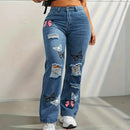 Women's High Waist Button Up Butterfly Print Jeans