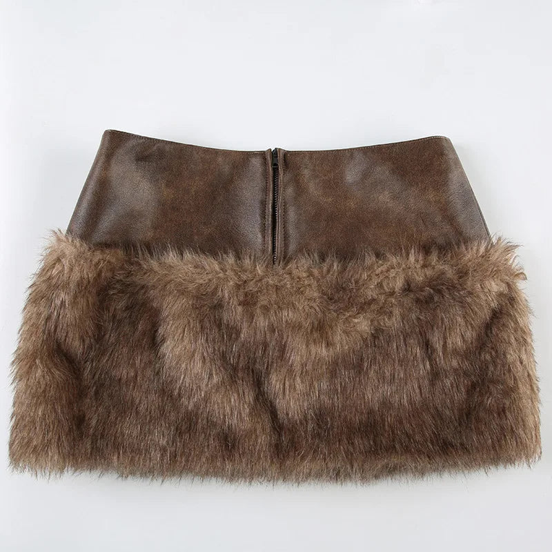 Women's PU Leather Splicing Faux Fur Skirts