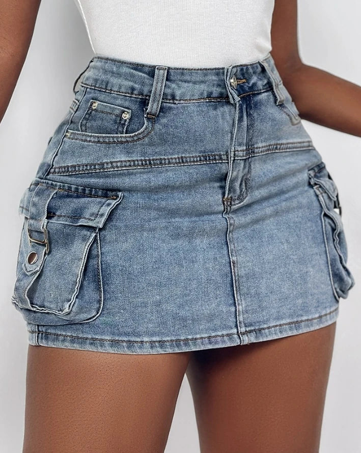 High Waist Plain Skinny Mini Denim Skirt