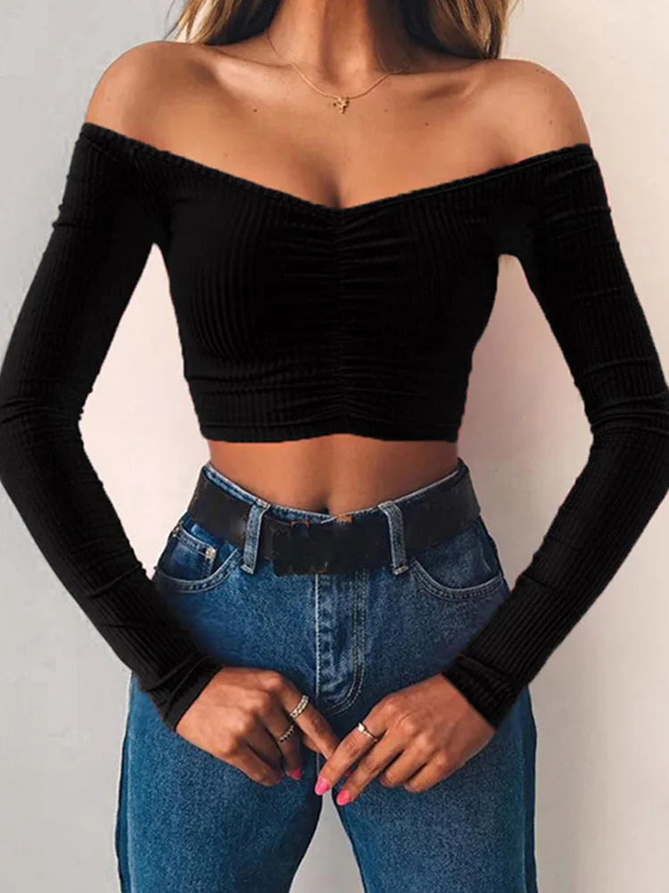 Women long sleeve off shoulder solid color basic tees