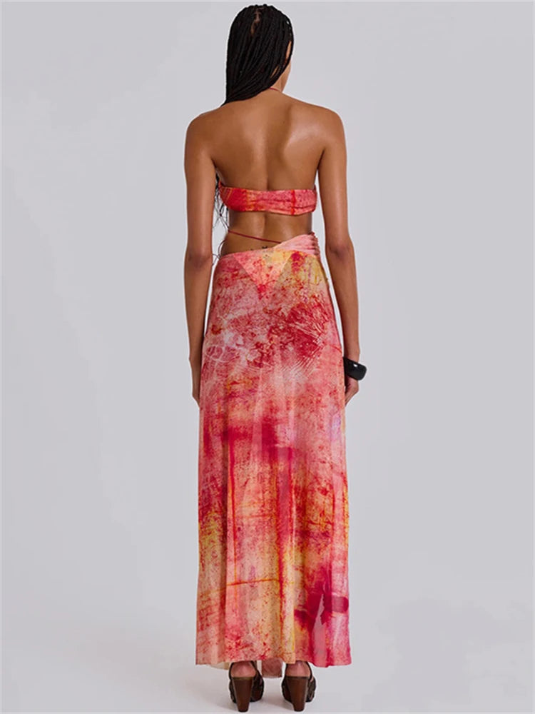 Tie-dye Print Hollow Out Backless Long Dress