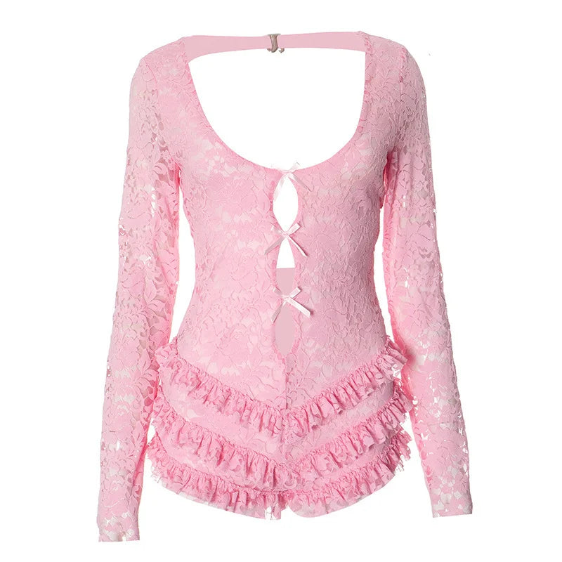 Women's Lace Bow Hollow Out Pink Short Playsuit