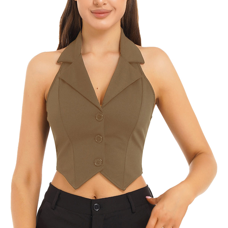 Women's Lapel Halter Backless Camis Button Down Pointed Hem Vest Crop Tops