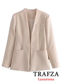 TRAFZA Office Lady Beige Women Suits Long Sleeve V Neck Oversized Blazer+High Waist Wide Leg Pants Fashion 2024 Vintage Sets