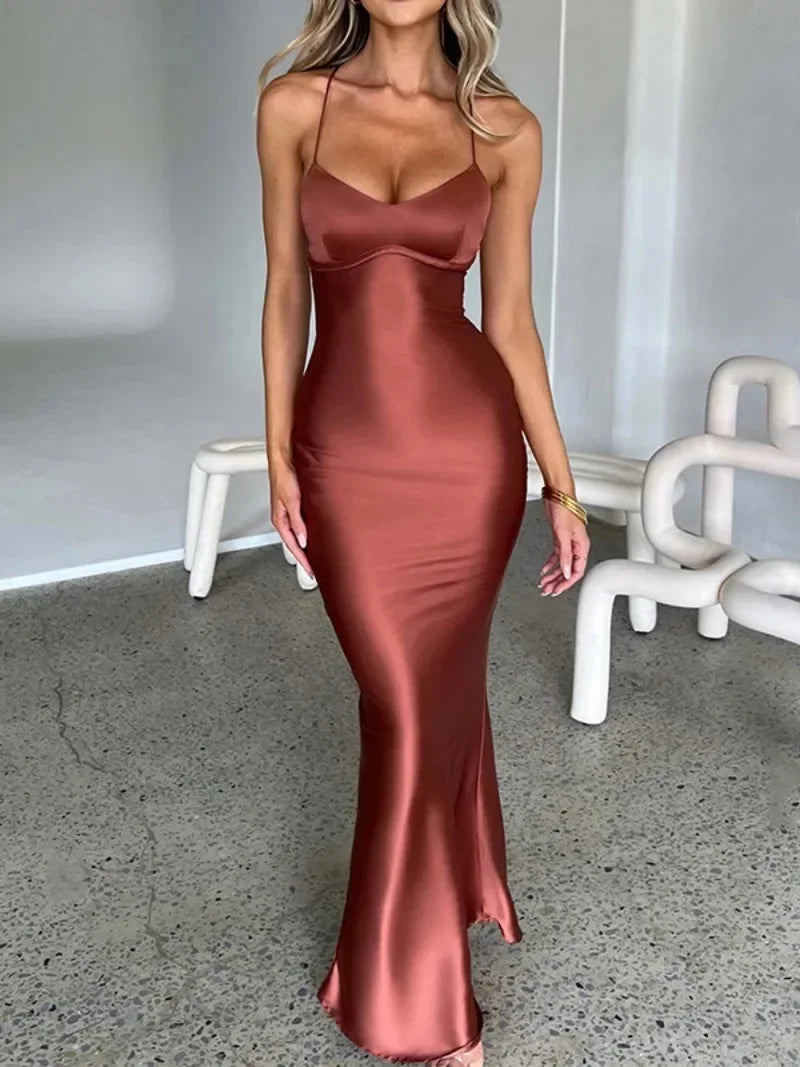 Women's Spaghetti Strap Satin High Waist Tunics Backless And Lace-up Tight Long Dress