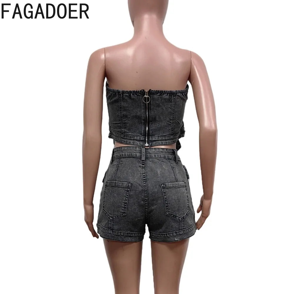 FAGADOER Black Fashion Denim Shorts Two Piece Sets Women Pocket Off Shoulder Sleeveless Backless Tube And Shorts Jeans Outfits