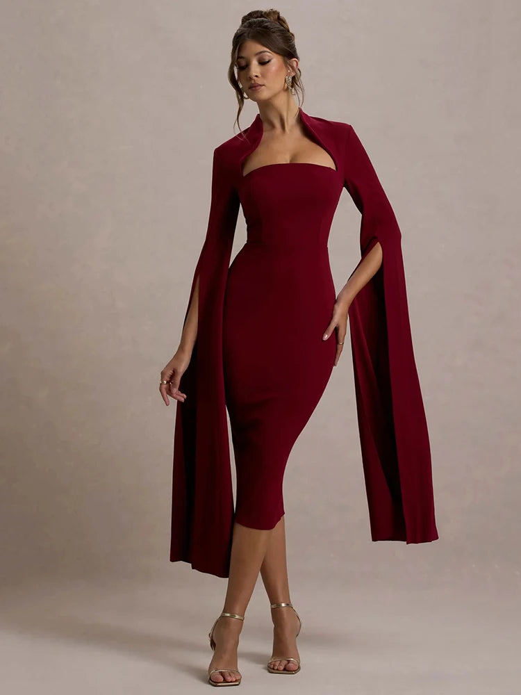 Women's Long Sleeve  Square Collar Back Slit Bodycon Midi Dress