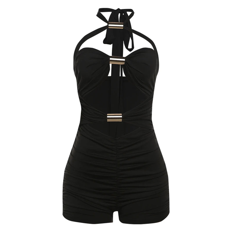 Women's Chic Metal Buckle Hollow Backless Halter Slim Playsuit