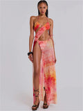 Tie-dye Print Hollow Out Backless Long Dress