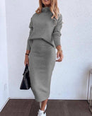 Women Long Sleeve Mock Neck Sweatshirt + High Waist Skirt Set