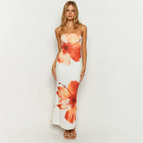 Women's Flower Printed Tubeless Off Shoulder Slim Beach Floor Length Long Dress