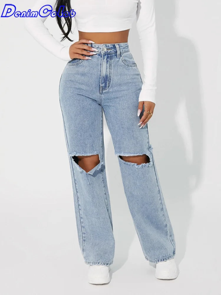 Woman High Waist Loose Cut Out Denim Jean