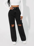 Woman High Waist Loose Cut Out Denim Jean