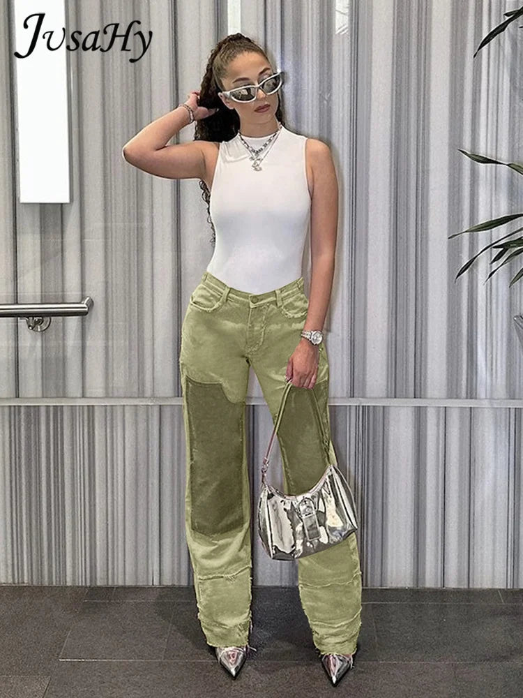 Women's Patchwork Loose Straight Hem Shirring Pants