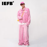 IEFB Trendy Korean Male Pink Color Set Solid Color Lapel Denim Jacket Coat Wide Leg Straight Jeans Men's Casual Two Piece 9A8557