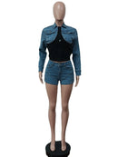 Women's  Long Sleeve Mini Jean Jacket+Jeans Shorts