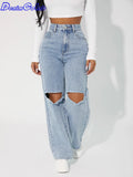 Woman High Waist Loose Cut Out Denim Jean