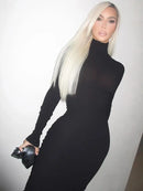 Women Bodycon Maxi Turtle Neck Dress