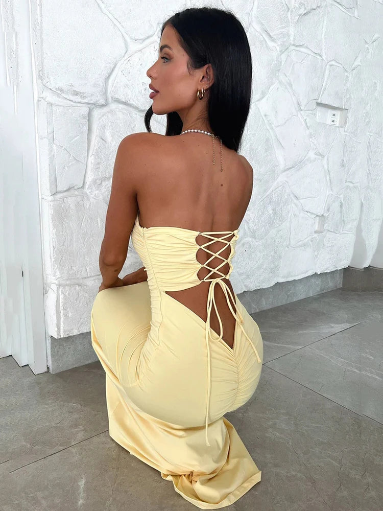 Women's Strapless Backless Lace-up Off-shoulder Bodycon Long Maxi Dress