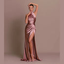 Women's Long  Halter Backless Ruched High Split Bodycon Maxi Dress