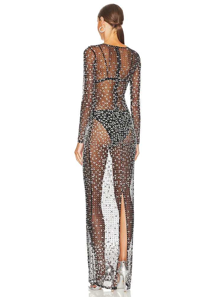 Sexy O Neck Mesh Crystal Diamond Long Dress.