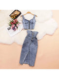 High Quality New  Summer Women Jeans Vest+Skirts Sets Straps Tops Buttons Denim Skirt Suits for Woman Костюм Женский