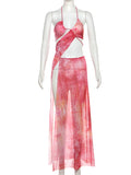 Tie-dye Print Hollow Out Backless Long Dress