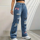 Women's High Waist Button Up Butterfly Print Jeans