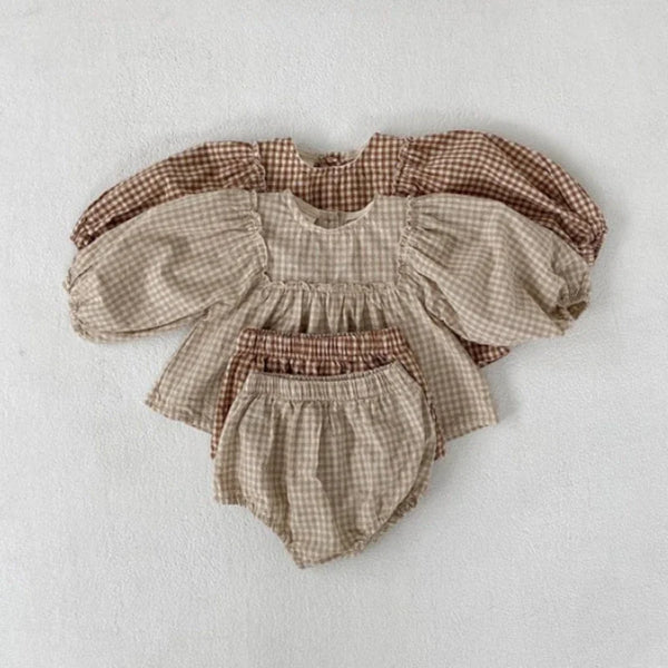 Girls Cotton Plaid Blouse and PP Shorts Co-Ord