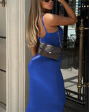 Women's Thickened Fabric Sleeveless Spaghetti Strap Backless Bodycon Maxi Dress