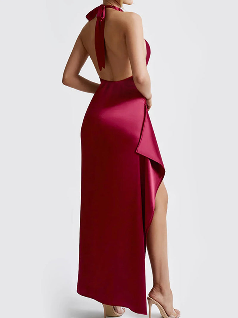 Women's Halter Neck Backless Sleeveless Maxi Long Satin Dress