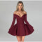 Women's Burgundy Off Shoulder Slim Backless Long Sleeve A-line Mini Dress