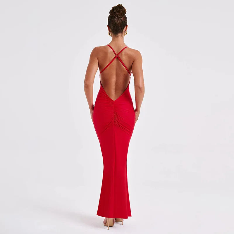 Women's Hollow Out Backless V-neck And Slim shoulder Strap Body Shaping Dress