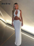 Sexy Hollow Out Halter Maxi Dress For Women Fashion White O Neck Sleeveless Bodycon Spliced Long Dresses Female Night Party Robe