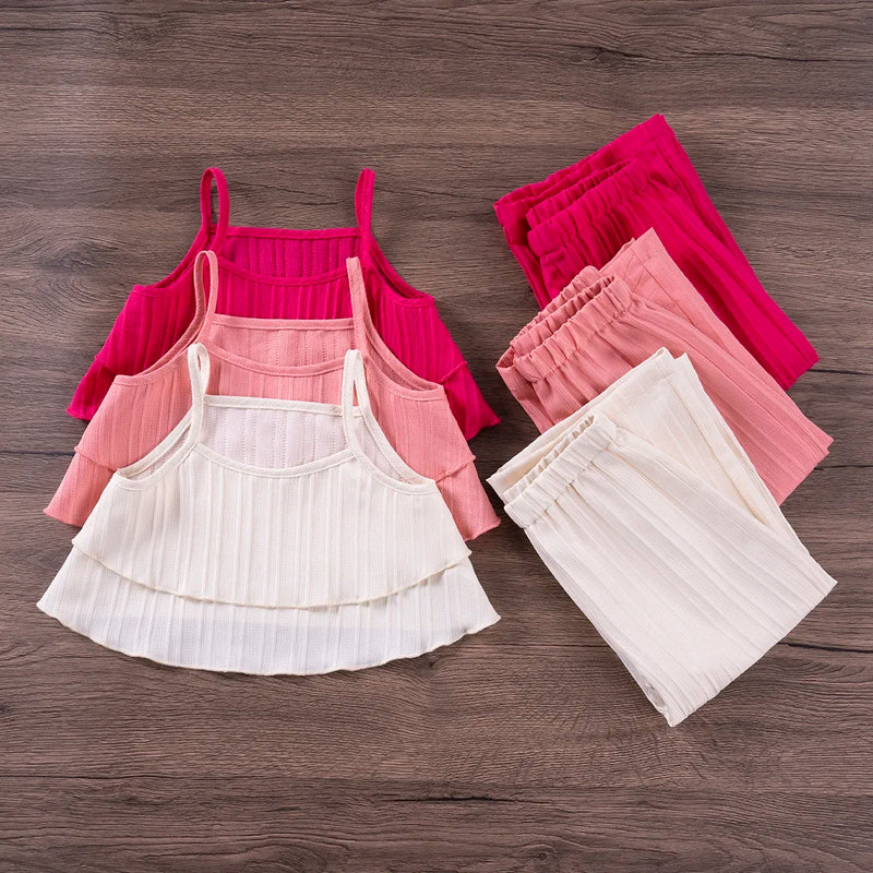 Girls Solid Color Pit Stripe Cami Top + Pants Set