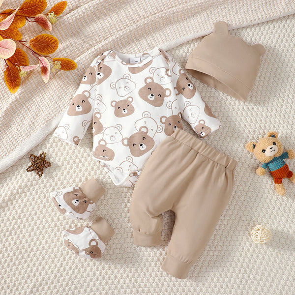 Boys Bear Long Sleeve Bodysuit+Pants+Hat+Socks 4 Piece Co-Ord