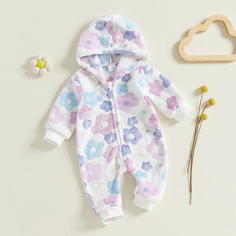 Girls Long Sleeve Floral Print Hooded Zipper Closure Jumpsuit