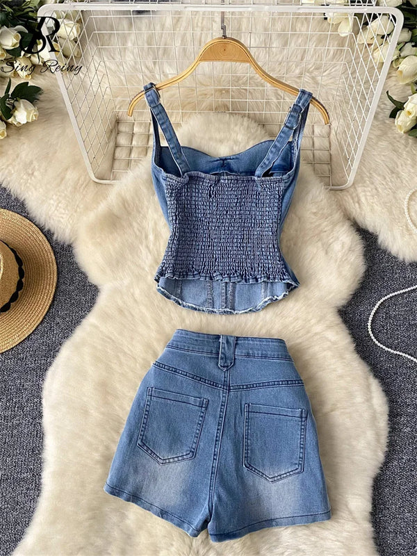 Women’s Tops+Zipper Shorts Denim Sets