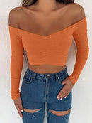 Women long sleeve off shoulder solid color basic tees