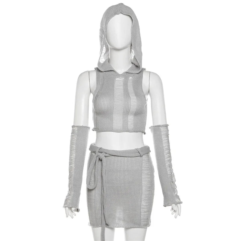 Women’s Sheer Hooded Shirt, Skirt and Arm Warmer Three Piece