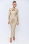 Women's Hollow Out Long Sleeve Metal Buckle Ruched Slit Long Dress