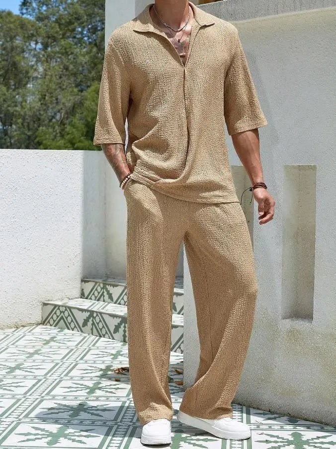 Men's Turn-down V-neck Loose Short Sleeved Shirt and Long Pants Co-Ord