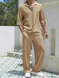 Men's Set Short Sleeved Shirt and Long Pants Two-piece Turn-down V-neck Casual Loose Sets