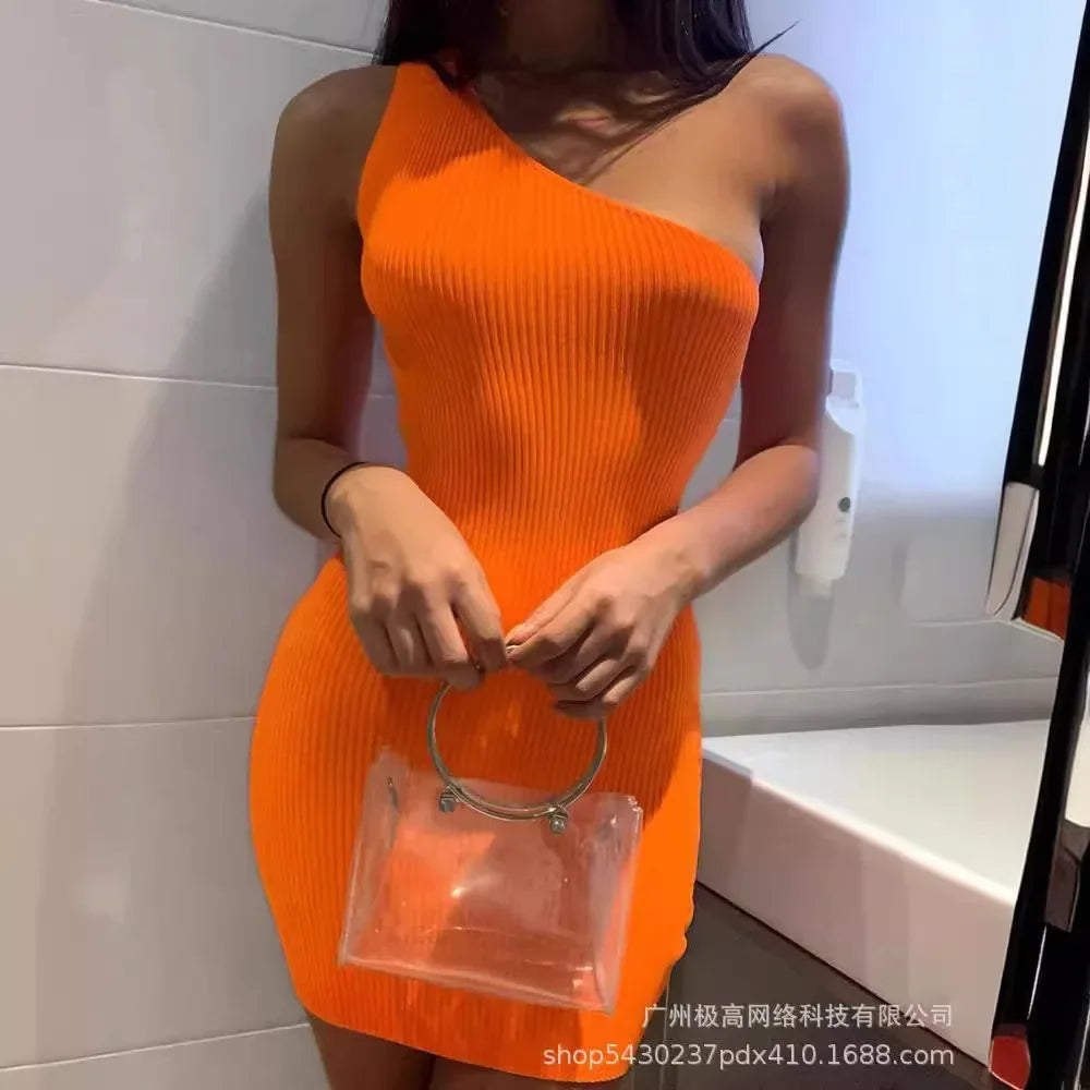 Women's Orange Shoulder Tight Knitted Slim Sleeveless High Waist Mini Dress